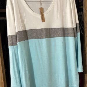 Women's Long Sleeve Color Block Top - White, Gray, and Blue